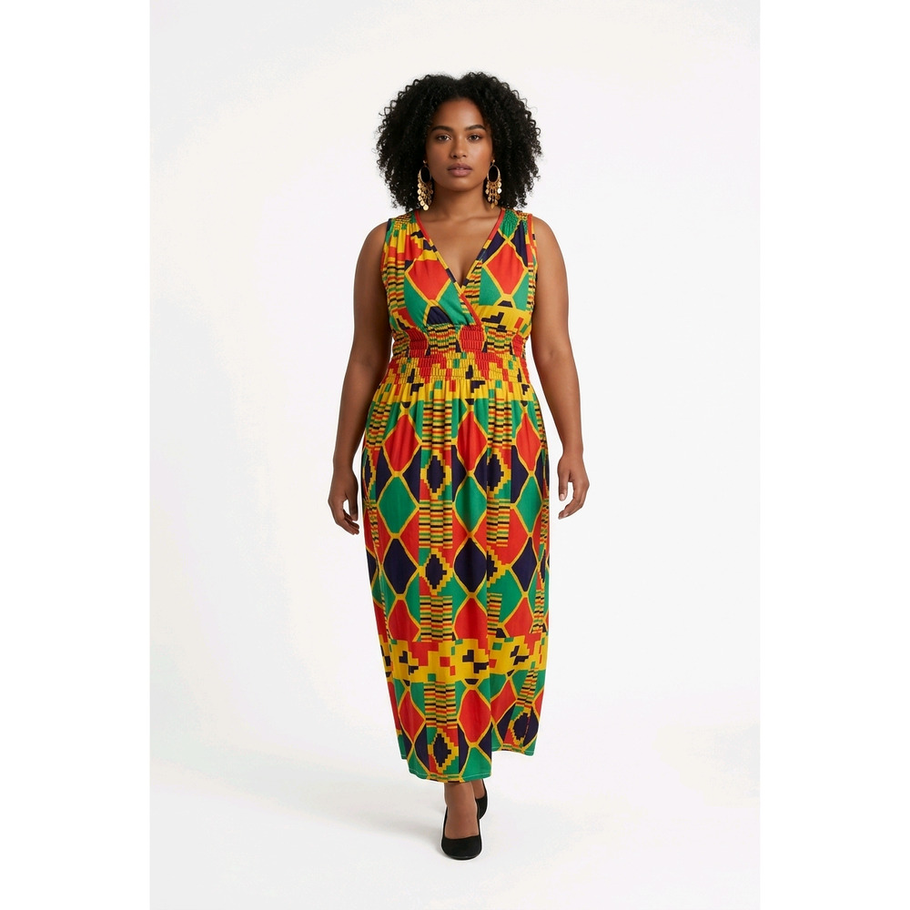 Anna Morgan Sleeveless African Print Kente Inspired Pattern Elastic Waist   2X